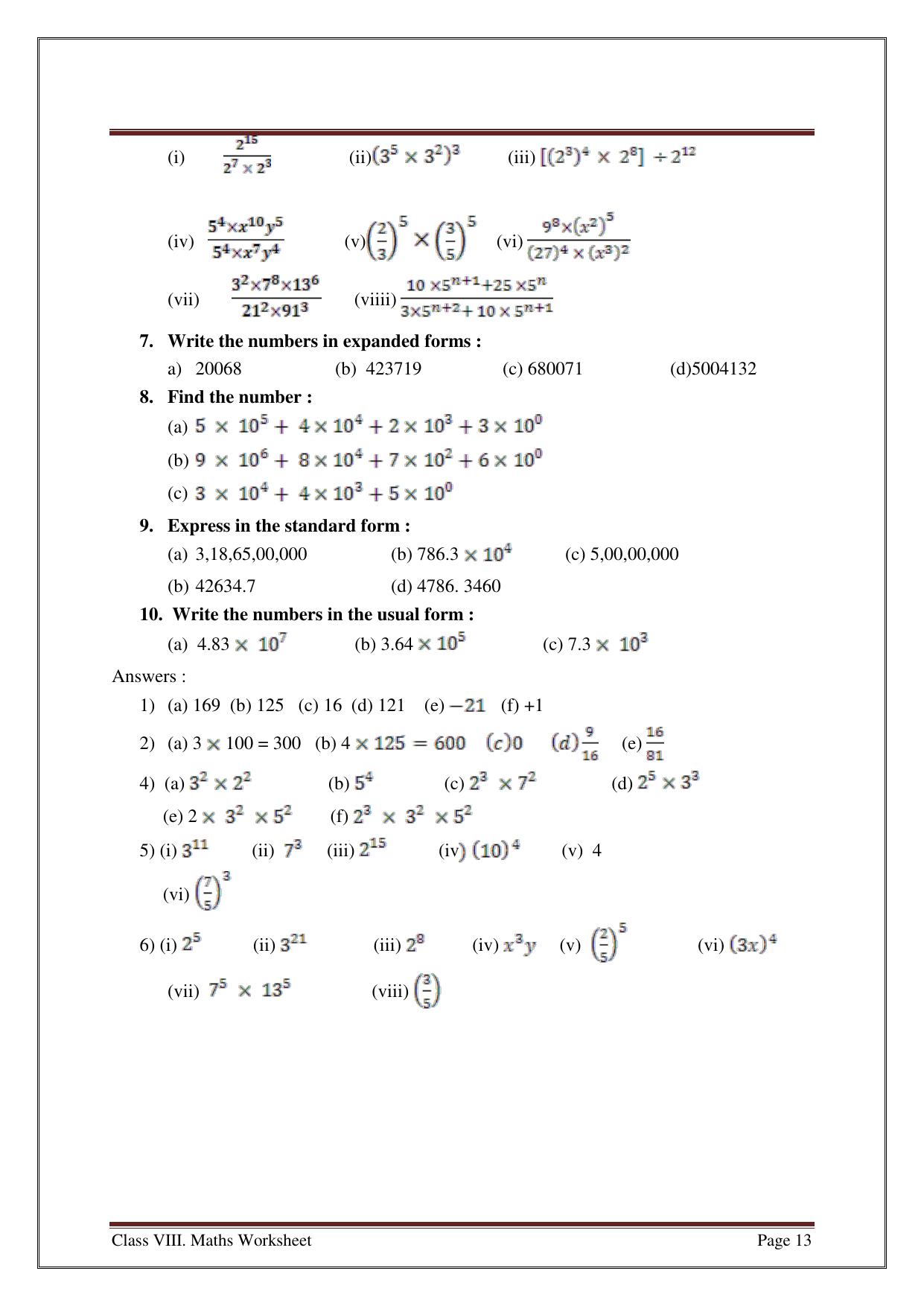 CBSE Worksheets for Class 8 Mathematics Exponents and Powers Assignment 6 - Page 2