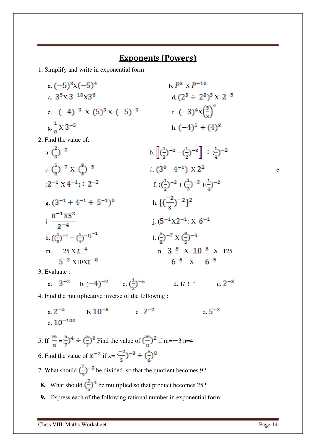 CBSE Worksheets for Class 8 Mathematics Exponents and Powers Assignment 6 - Page 3