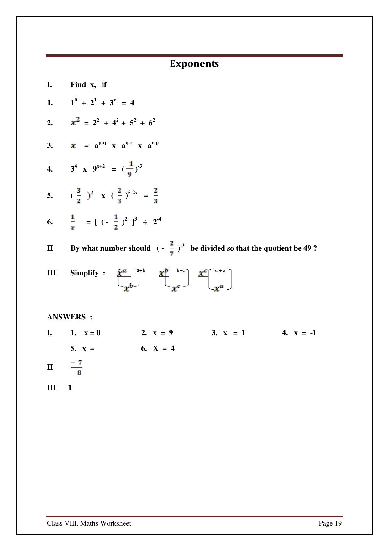 CBSE Worksheets for Class 8 Mathematics Exponents and Powers Assignment 6 - Page 8