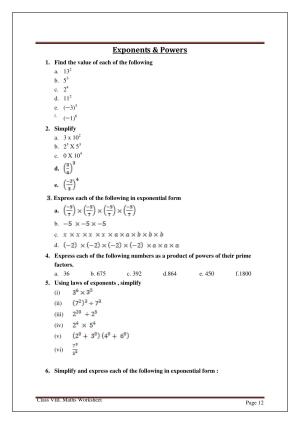 CBSE Worksheets for Class 8 Mathematics Exponents and Powers Assignment 6