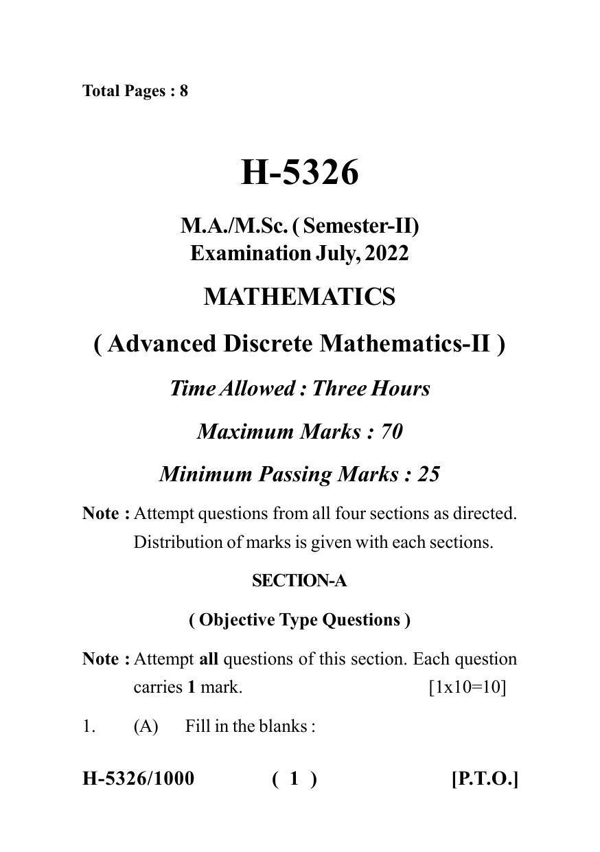 Sarguja University Question Paper July-2022 : M.Sc. In Mathematics (Second Sem.)Advanced Discrete Mathematics (II) Paper 1 - Page 1