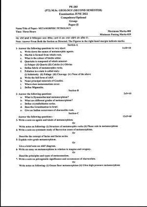Bilaspur University Question Paper June 2022:M.Sc. Geology (Second Semester) Metamorphic Petrology Paper 1