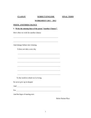 Worksheet for Class 4 English Assignment 132 Another Chance