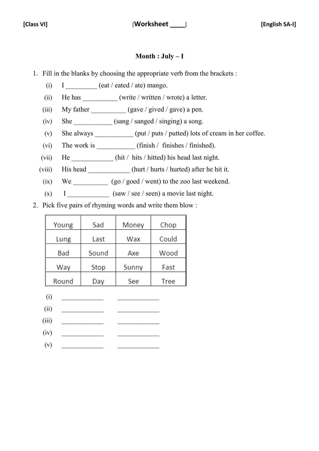 CBSE Worksheets for Class 6 English SA1 Practice Assignment 3 - Page 1