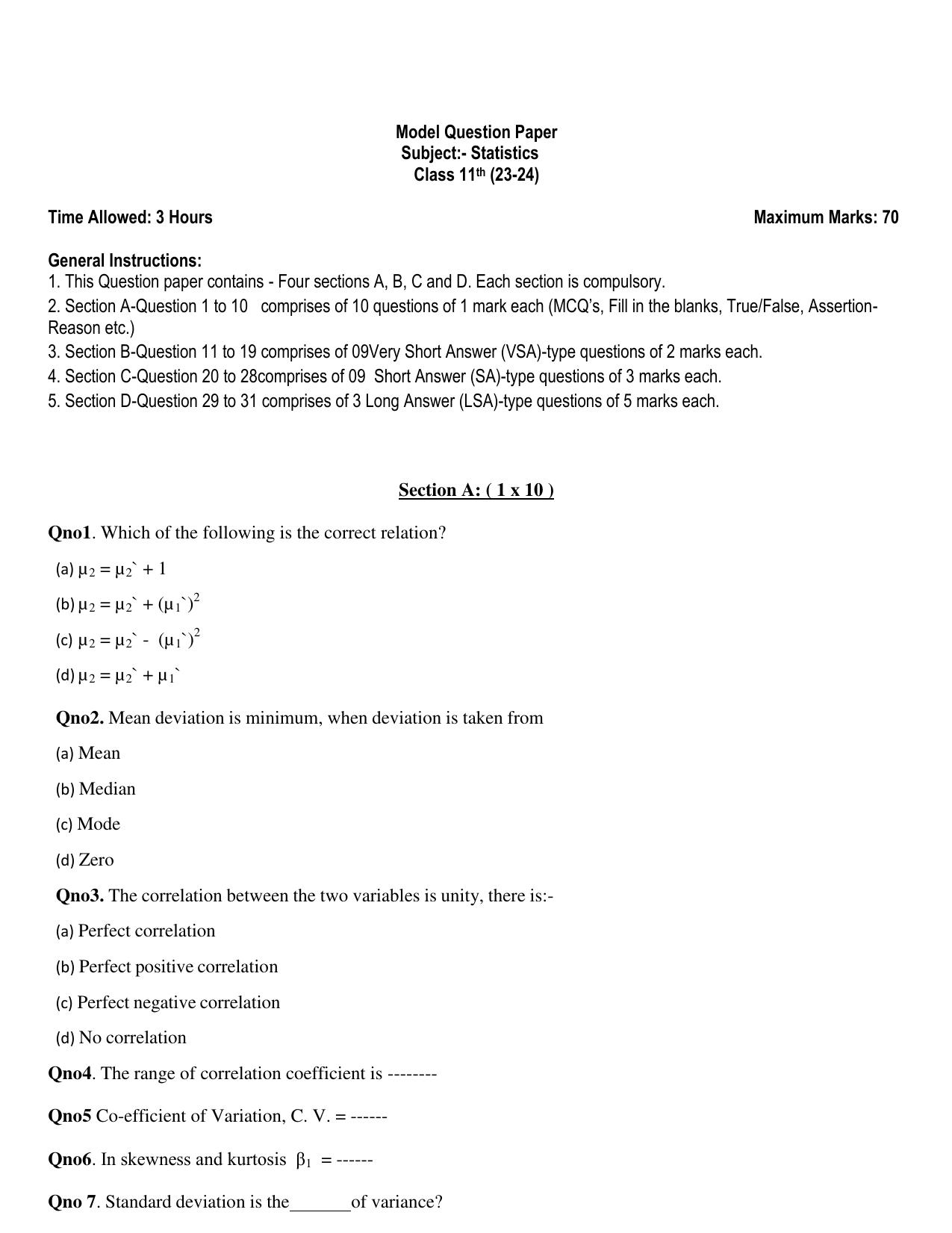 JKBOSE Class 11 STATISTICS Model Question Paper - Page 1