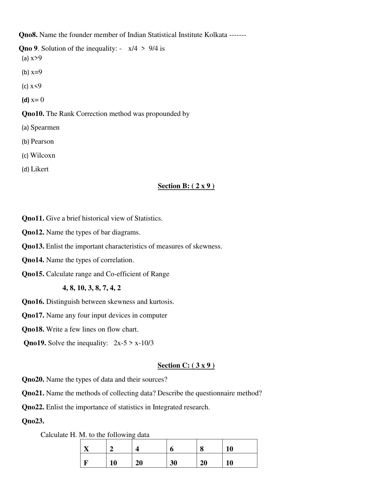 JKBOSE Class 11 STATISTICS Model Question Paper - Page 2