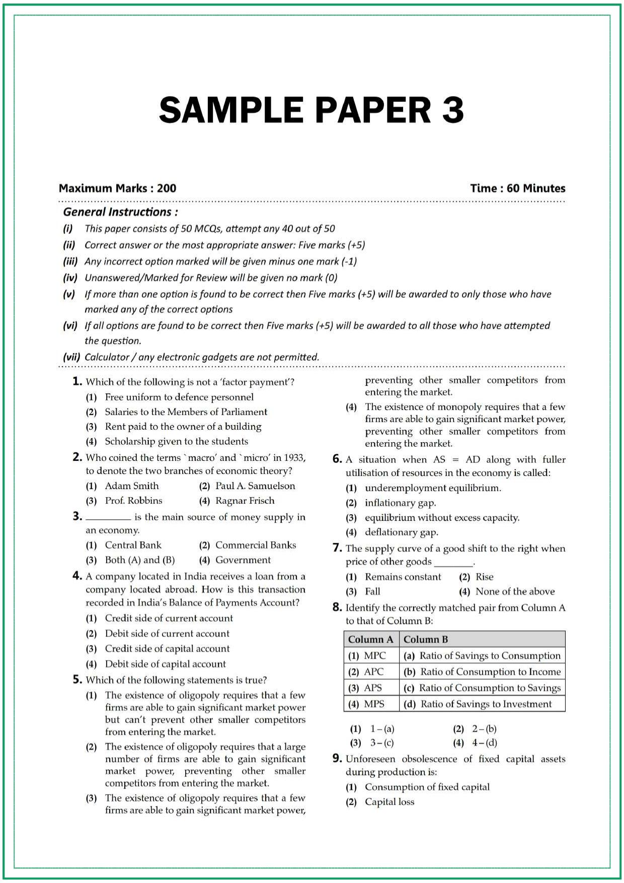CUET UG Economics Sample Paper 3 - Page 1
