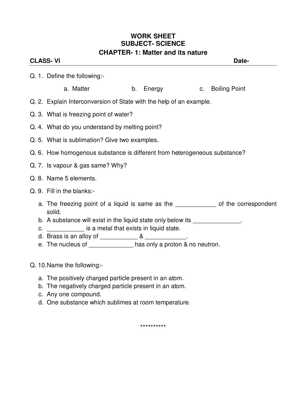 CBSE Worksheets for Class 6 Science Matter and its nature Assignment 2 - Page 1