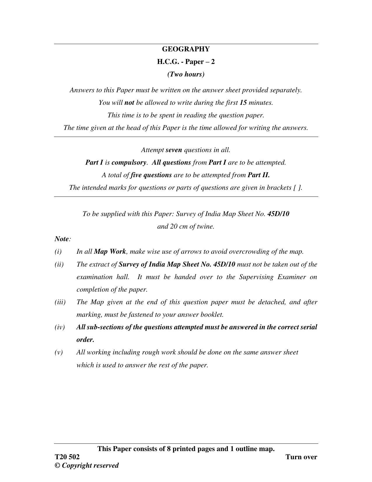 ICSE Class 10 History & Civics - H.C.G. - Paper 2 2020 Question Paper - Page 1