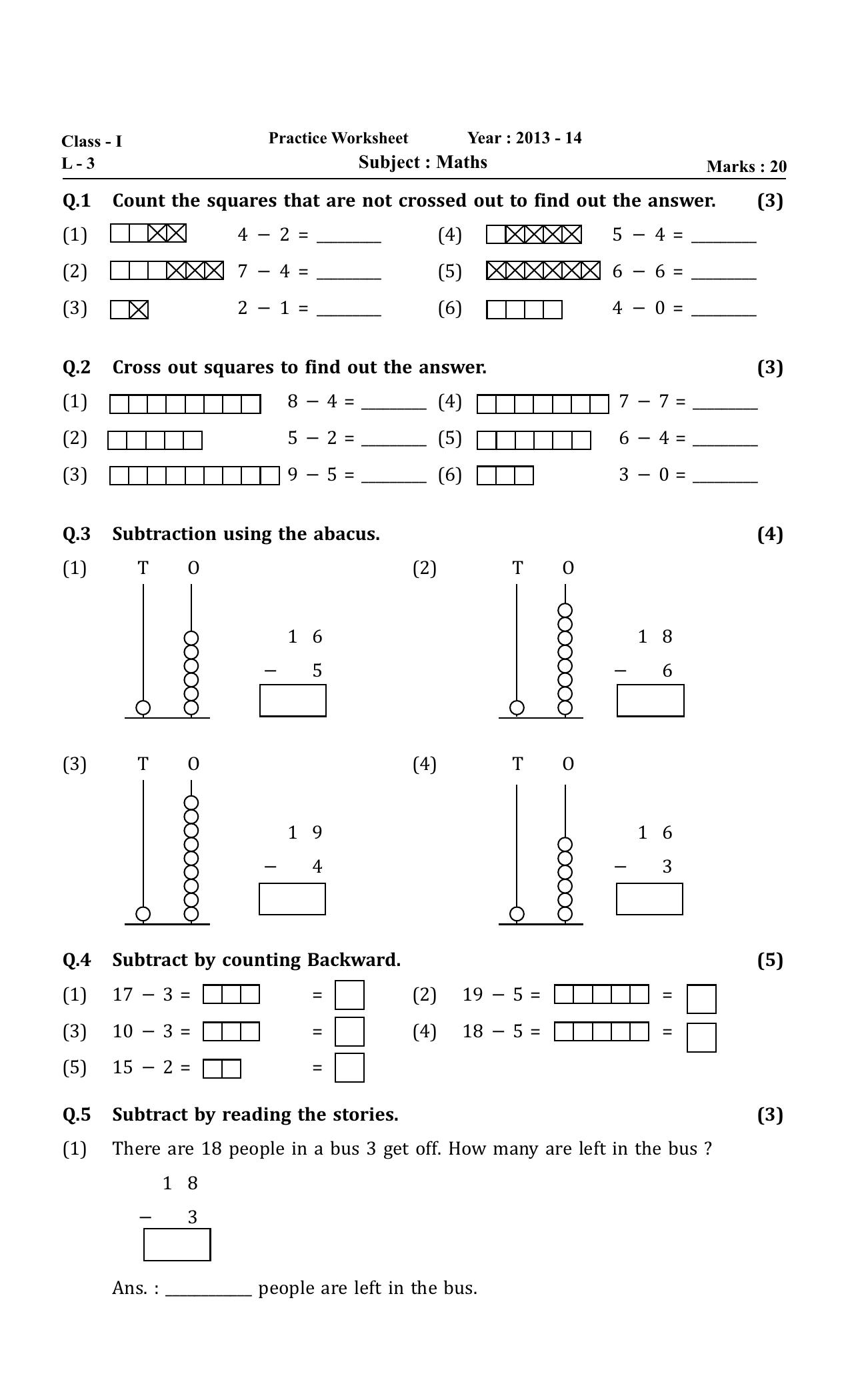 Worksheet for Class 1 Maths Assignment 15 - Page 1