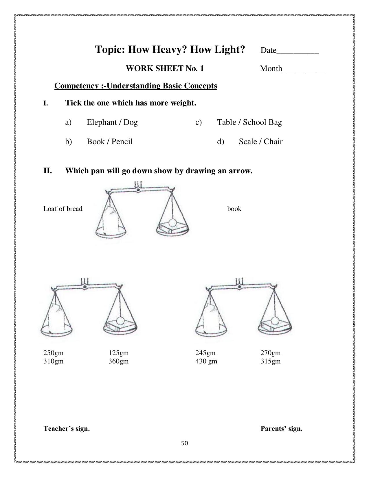 Worksheet for Class 4 Maths How Heavy How Light Assignment 2 - Page 1