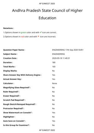 AP EAPCET 2020 - September 17, 2020- Shift 1 - Master Engineering Question Paper With Preliminary Keys