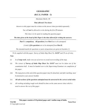 ICSE Class 10 Geography (H.C.G. Paper - 2) 2024 Question Paper