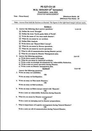 Bilaspur University Question Paper June 2022:M.Sc. Geology (Fourth Semester)Disaster Management Paper 1
