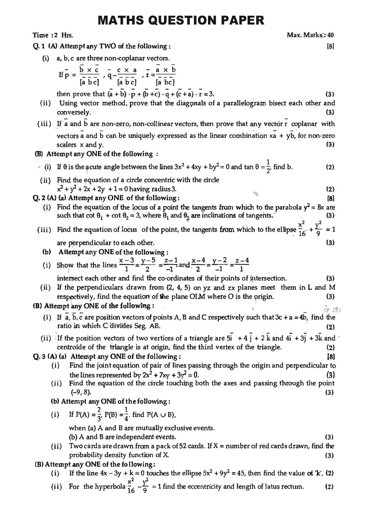 Maharashtra Board HSC Maths 2009 Question Paper - Page 1