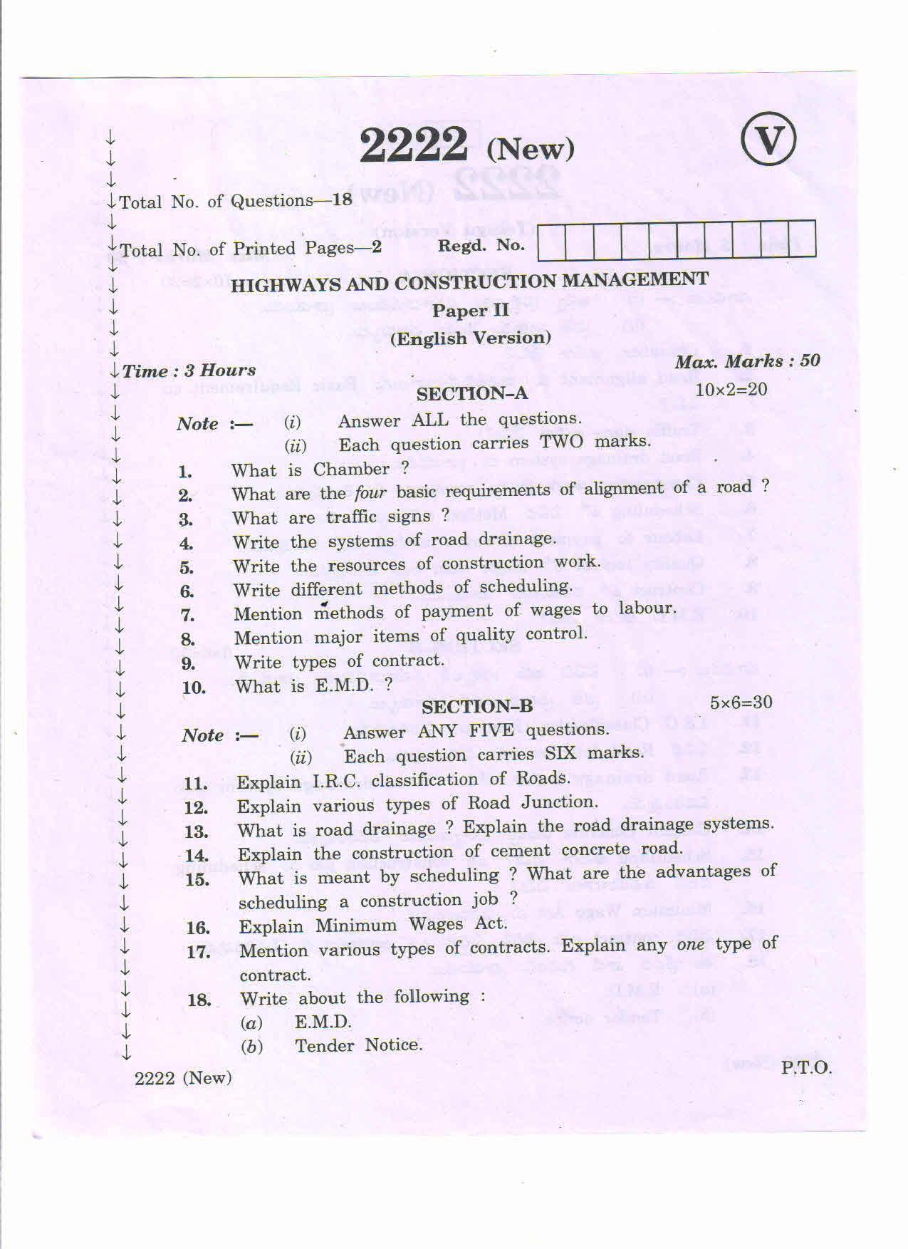 AP Inter 2nd Year Vocational Question Paper March - 2020 - Highways Construction Management - II (new) - Page 1