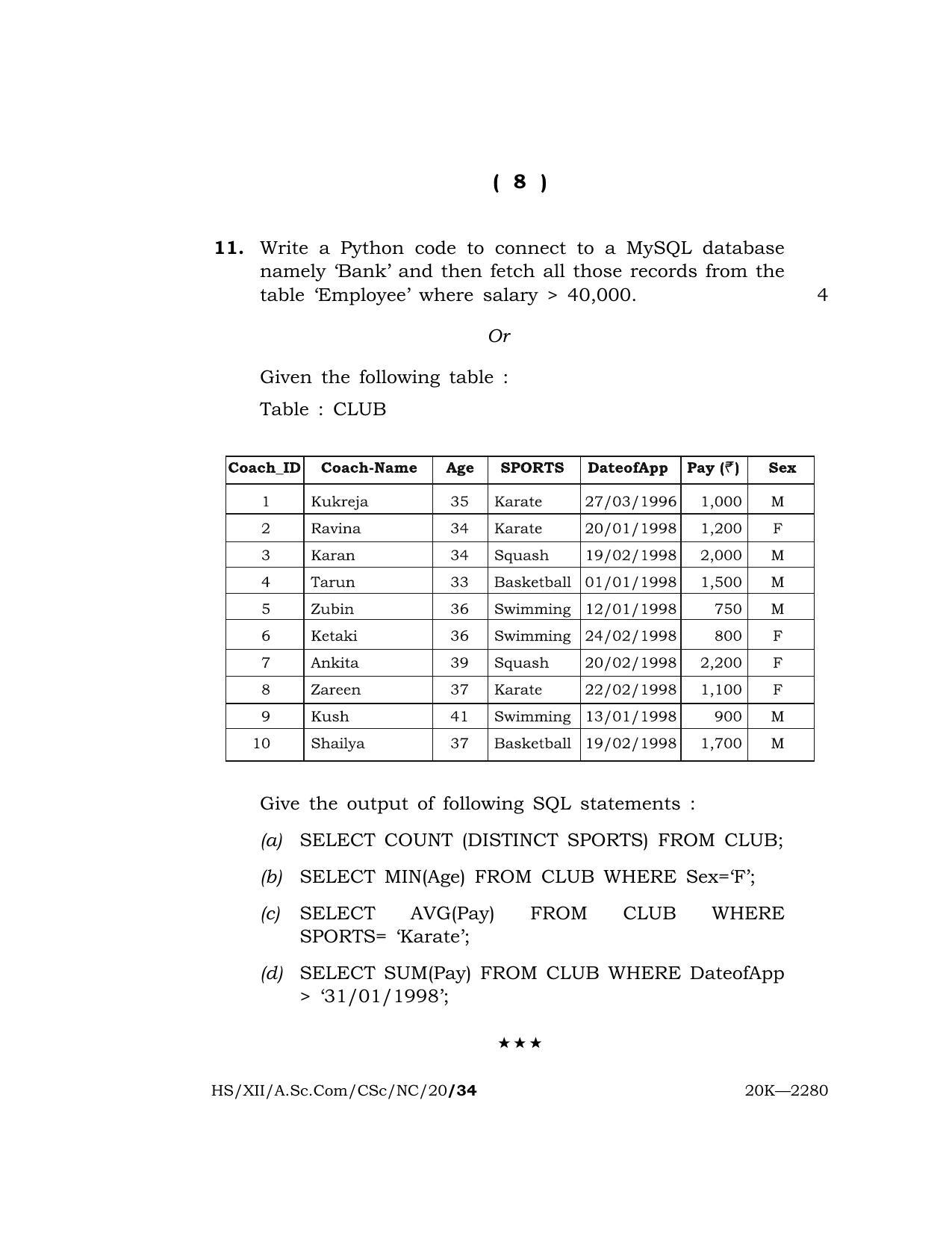 Meghalaya Board (MBOSE) Class 12 COMPUTER SCIENCE 2020 Question Paper - Page 8