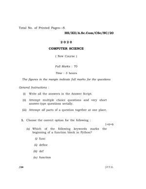 Meghalaya Board (MBOSE) Class 12 COMPUTER SCIENCE 2020 Question Paper