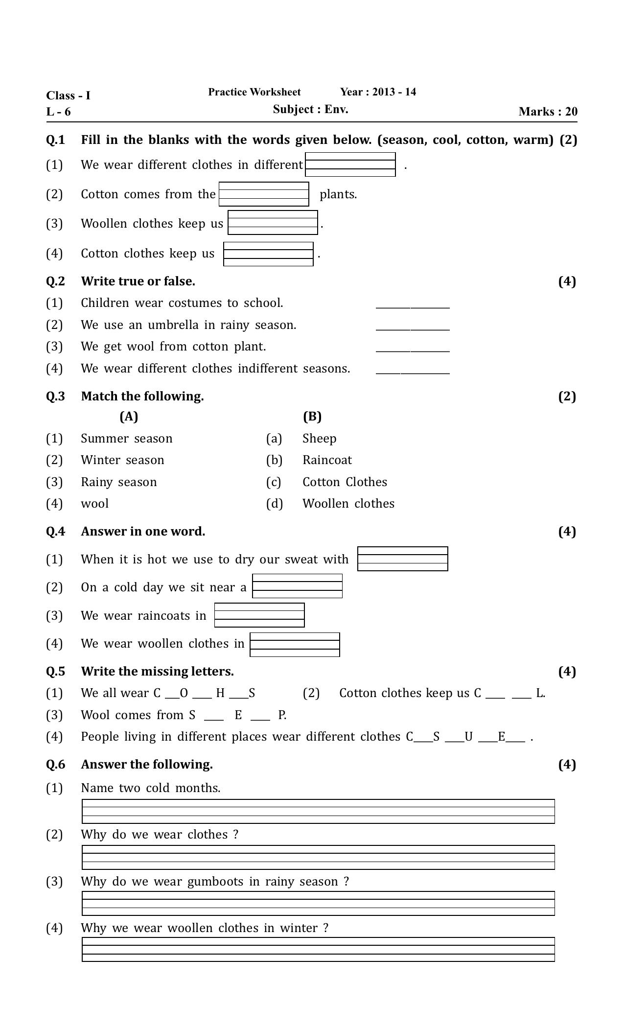 Worksheet for Class 1 EVS Revision Worksheet 3 - Page 1