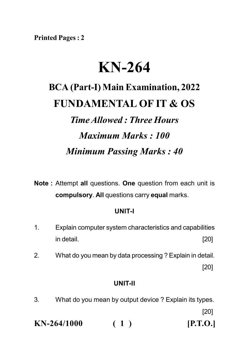 Sarguja University Question Paper - 2022 :  B.C.A Part One Fundamentals Of I.T. & O.S. Paper I - Page 1