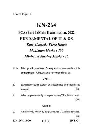 Sarguja University Question Paper - 2022 :  B.C.A Part One Fundamentals Of I.T. & O.S. Paper I