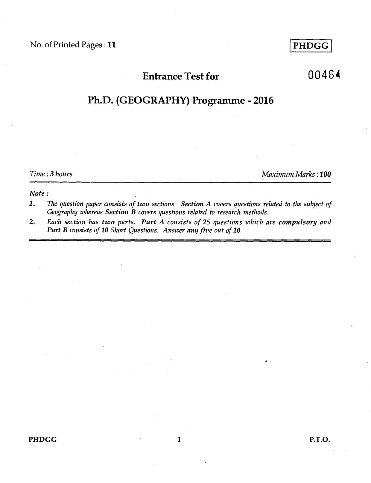 IGNOU PhD Entrance Test Ph.D (Geography) 2016 Question Paper - Page 1