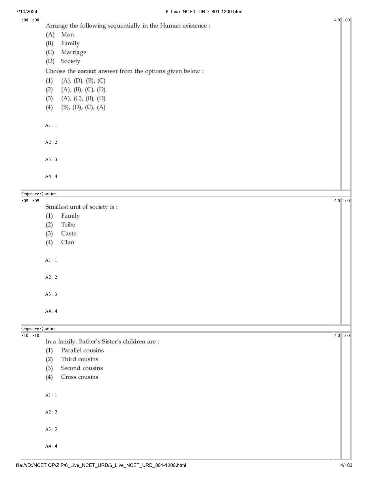 NCET 2024 Question Paper (Q 801-1200) - Page 4