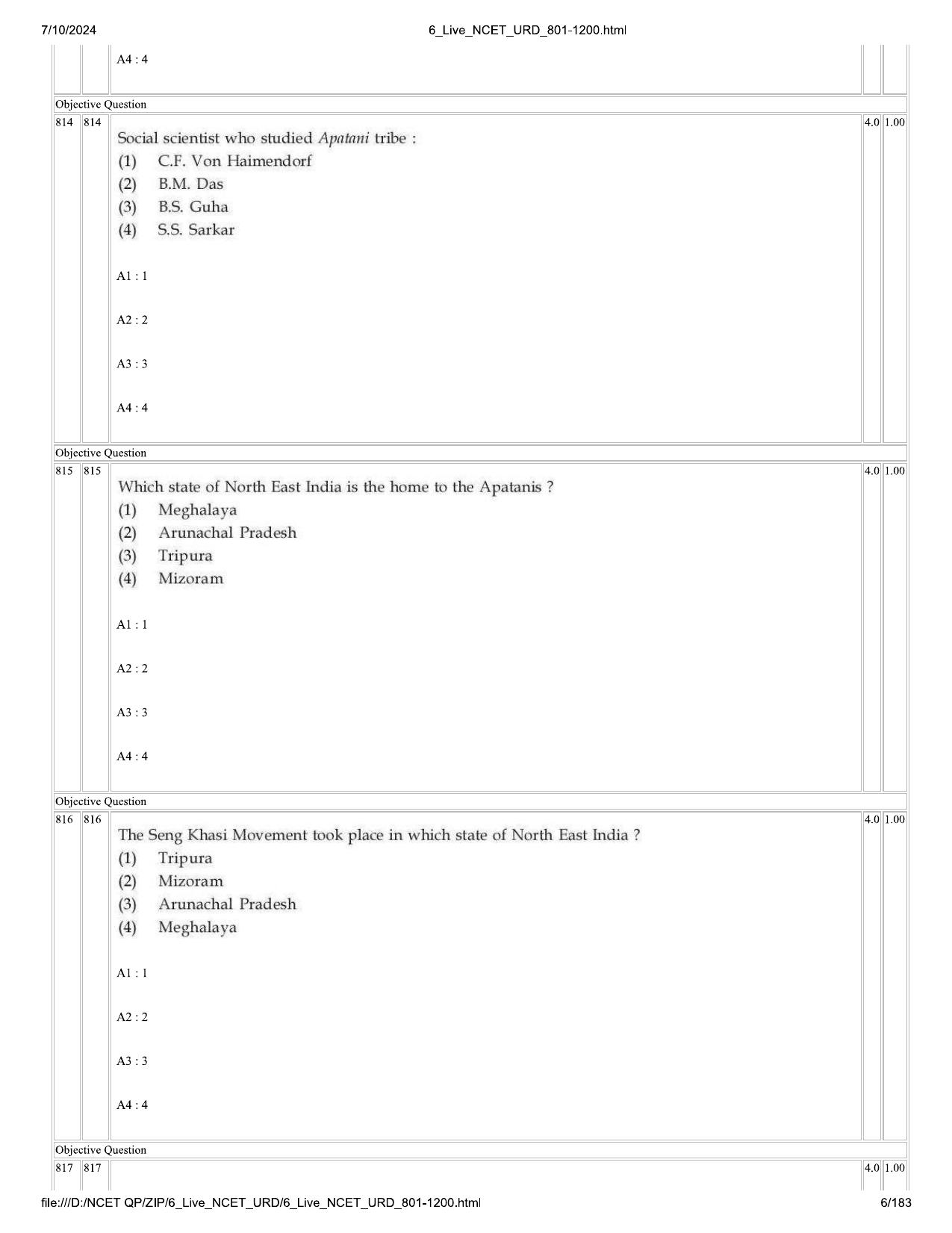 NCET 2024 Question Paper (Q 801-1200) - Page 6