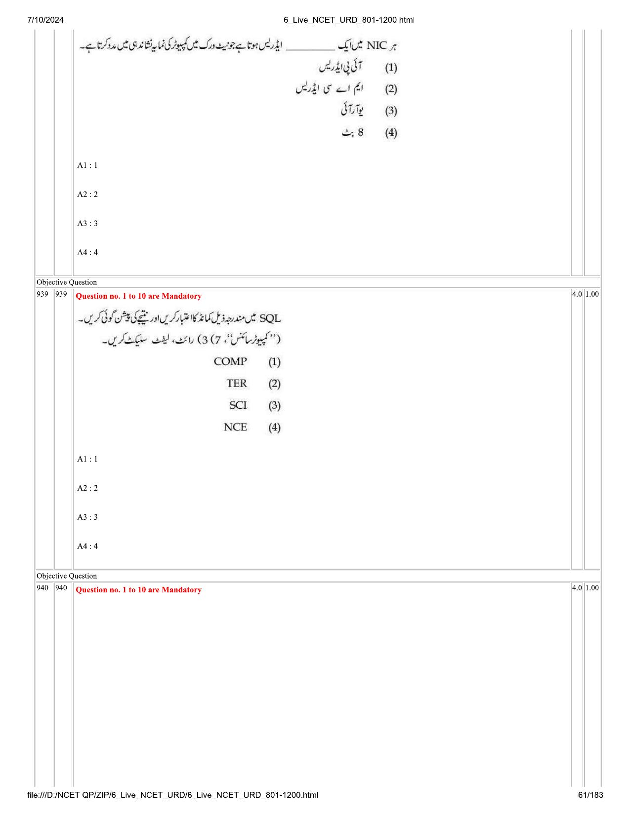 NCET 2024 Question Paper (Q 801-1200) - Page 61