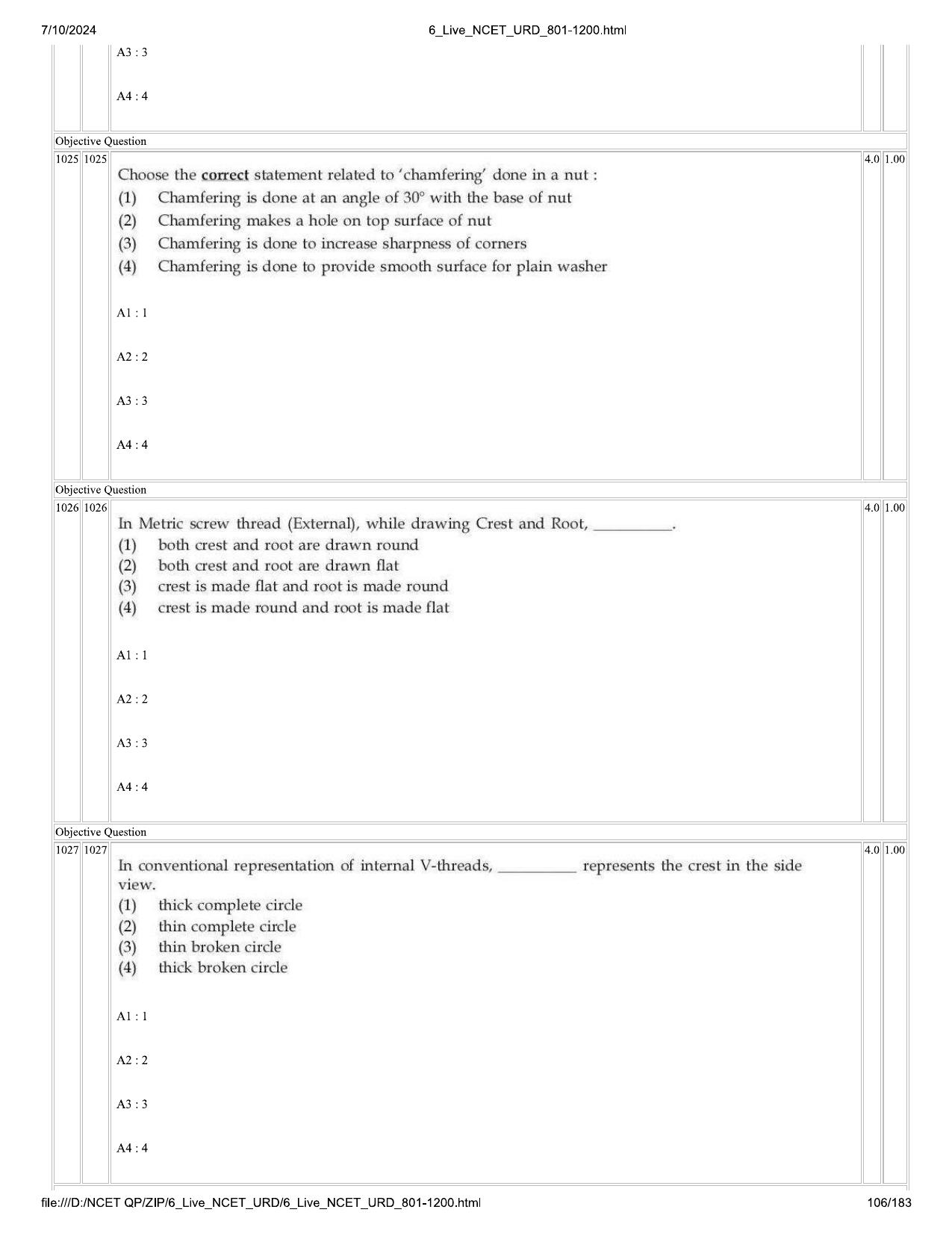 NCET 2024 Question Paper (Q 801-1200) - Page 106