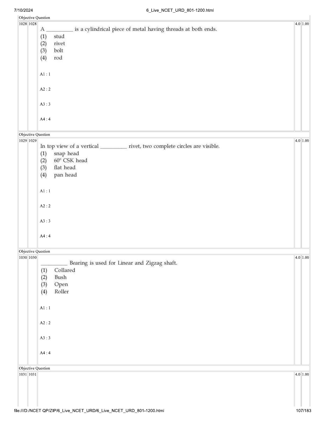 NCET 2024 Question Paper (Q 801-1200) - Page 107