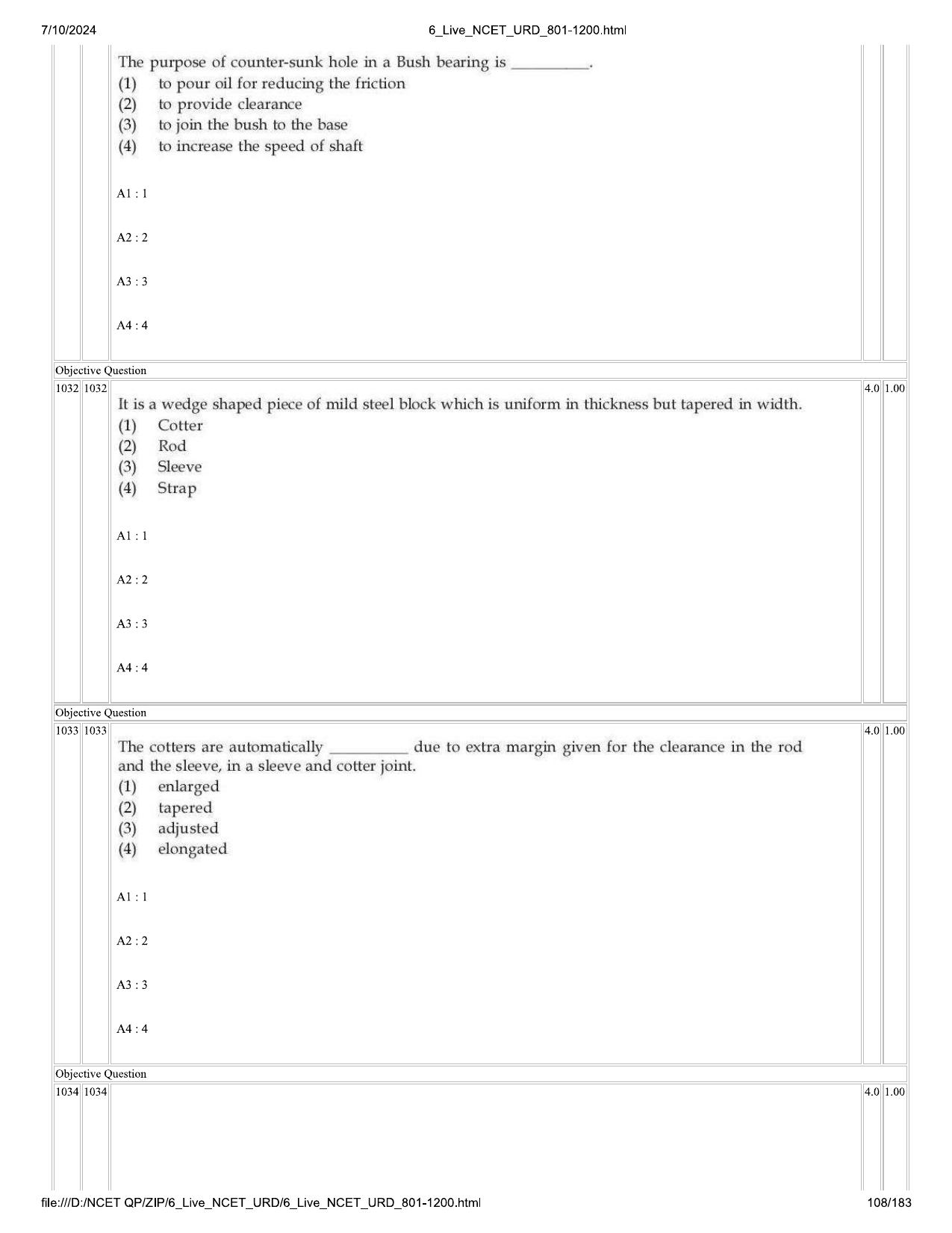 NCET 2024 Question Paper (Q 801-1200) - Page 108