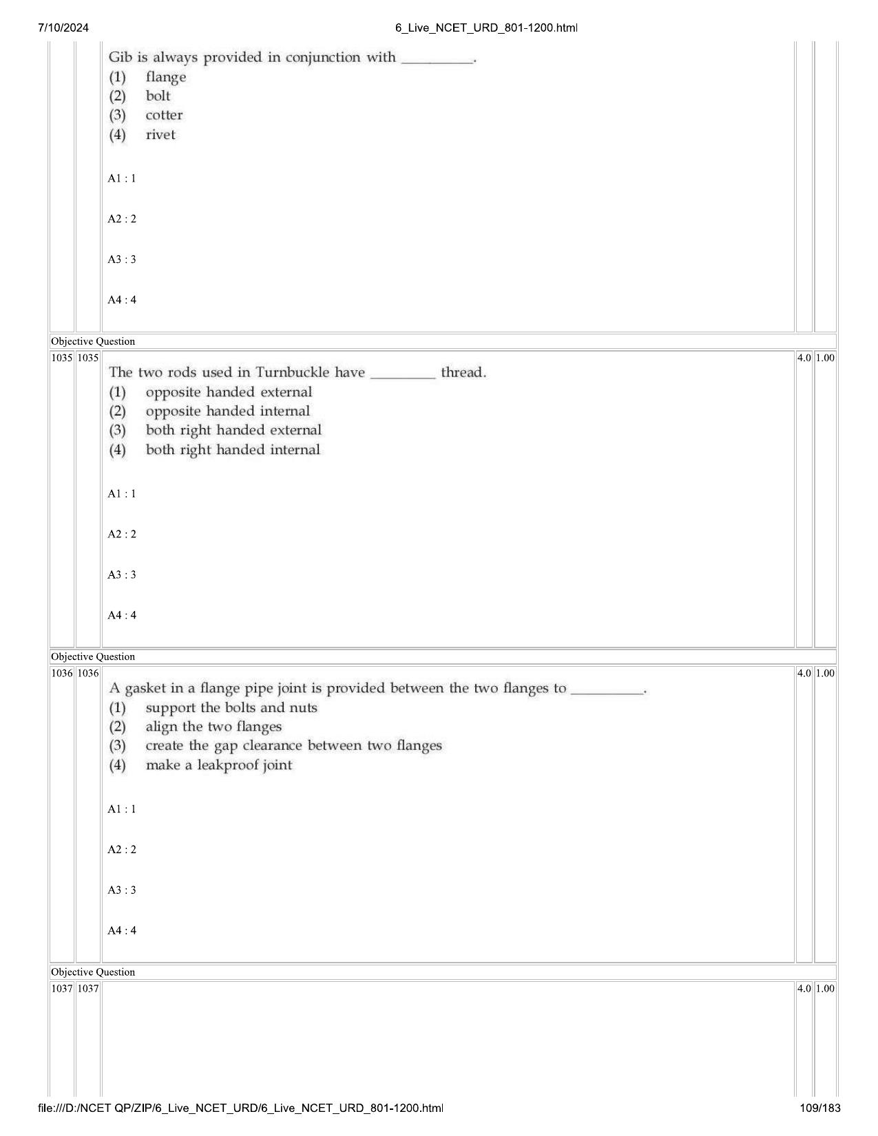 NCET 2024 Question Paper (Q 801-1200) - Page 109