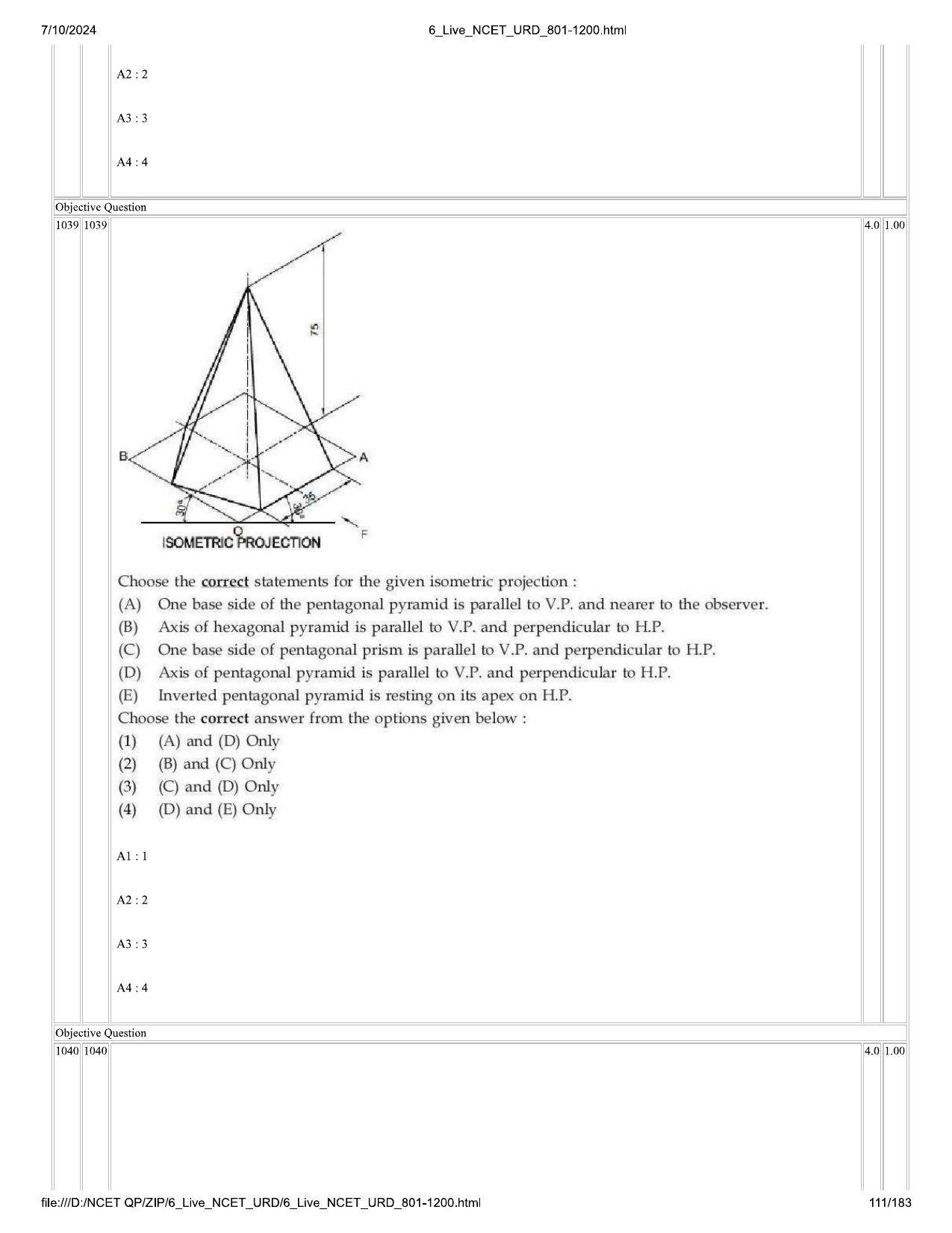 NCET 2024 Question Paper (Q 801-1200) - Page 111