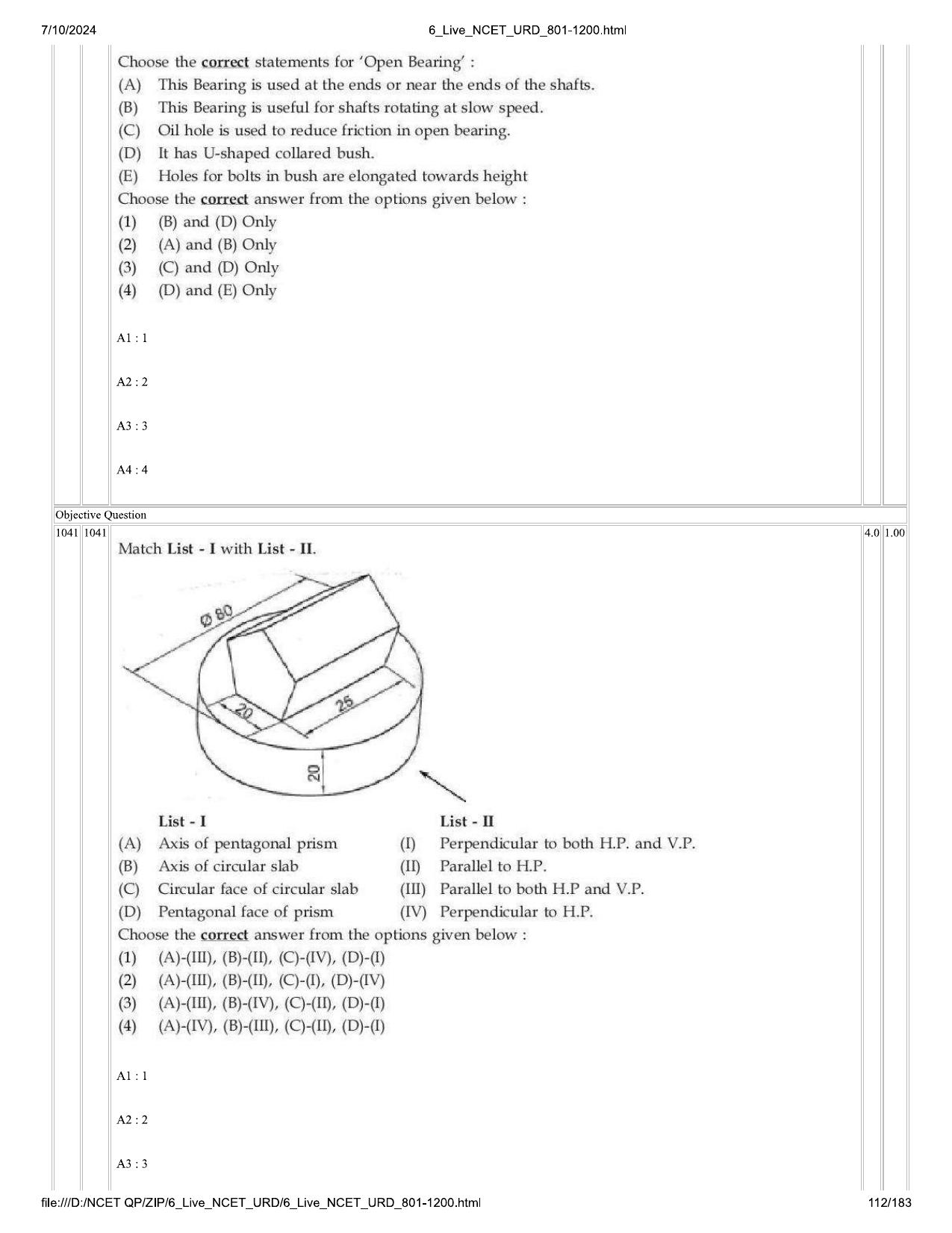 NCET 2024 Question Paper (Q 801-1200) - Page 112