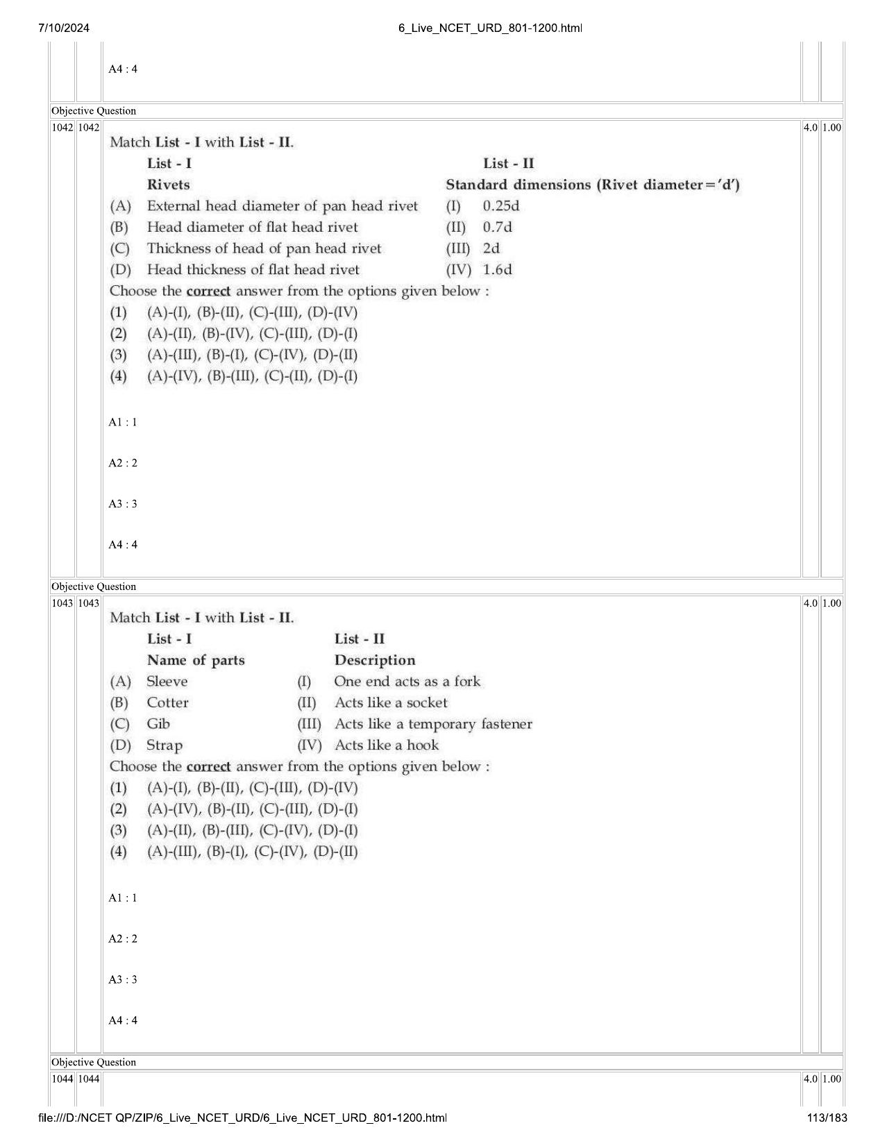 NCET 2024 Question Paper (Q 801-1200) - Page 113
