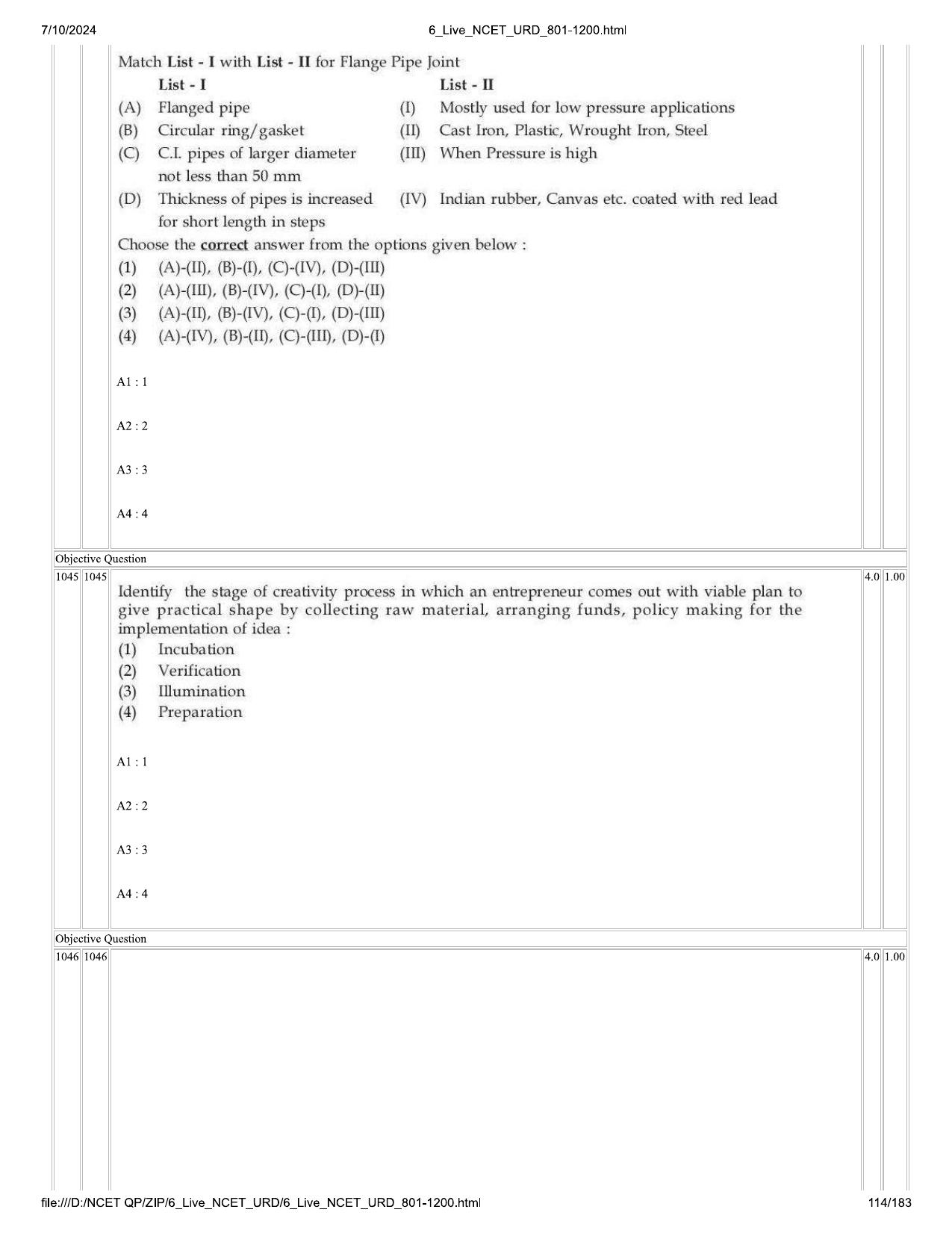 NCET 2024 Question Paper (Q 801-1200) - Page 114