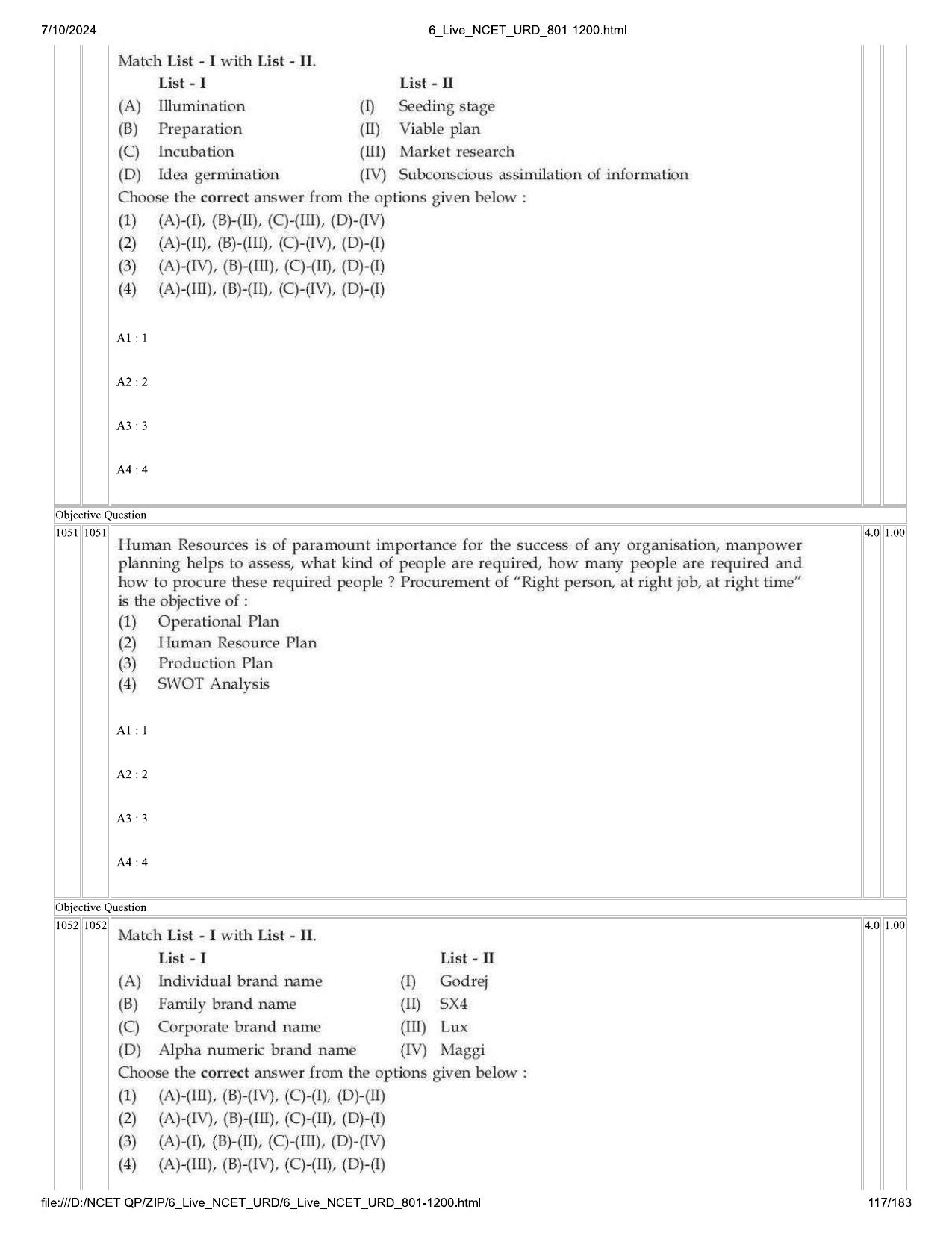 NCET 2024 Question Paper (Q 801-1200) - Page 117