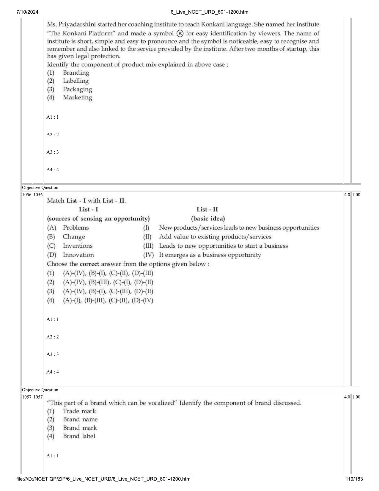 NCET 2024 Question Paper (Q 801-1200) - Page 119