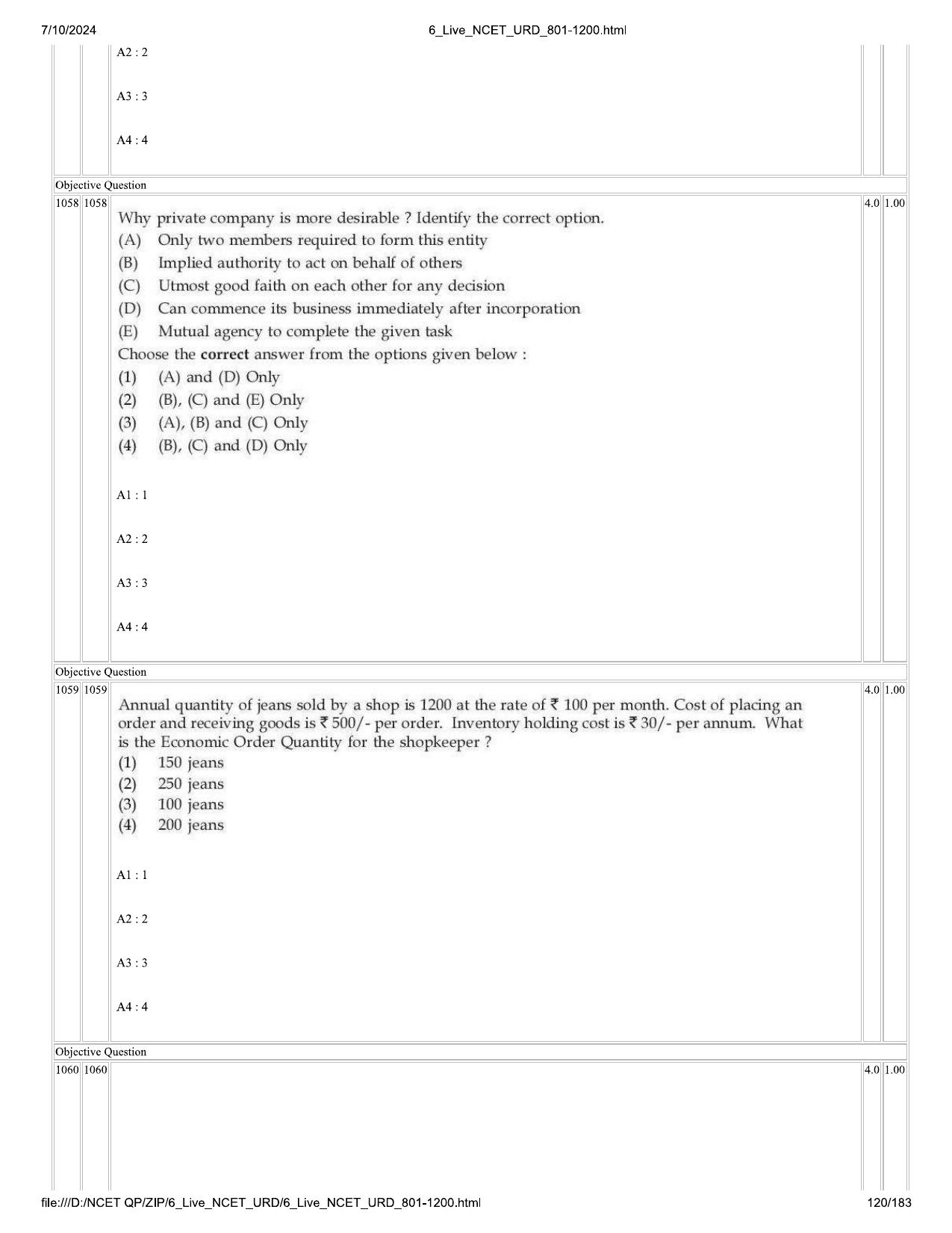 NCET 2024 Question Paper (Q 801-1200) - Page 120