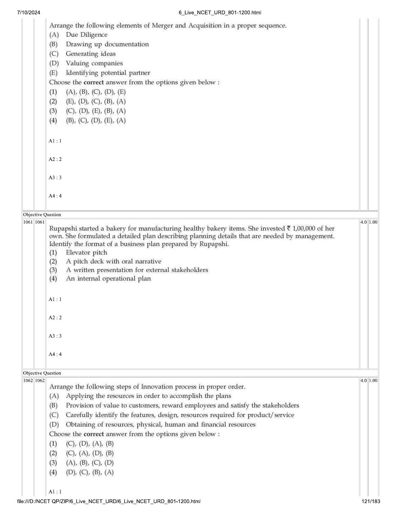 NCET 2024 Question Paper (Q 801-1200) - Page 121