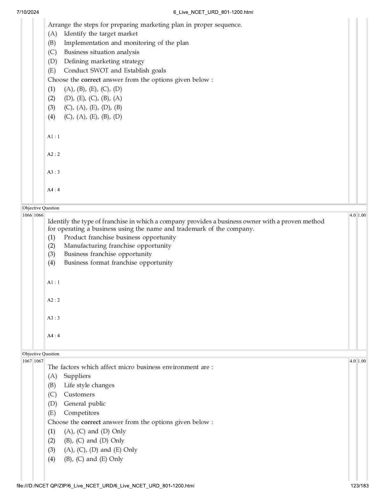 NCET 2024 Question Paper (Q 801-1200) - Page 123