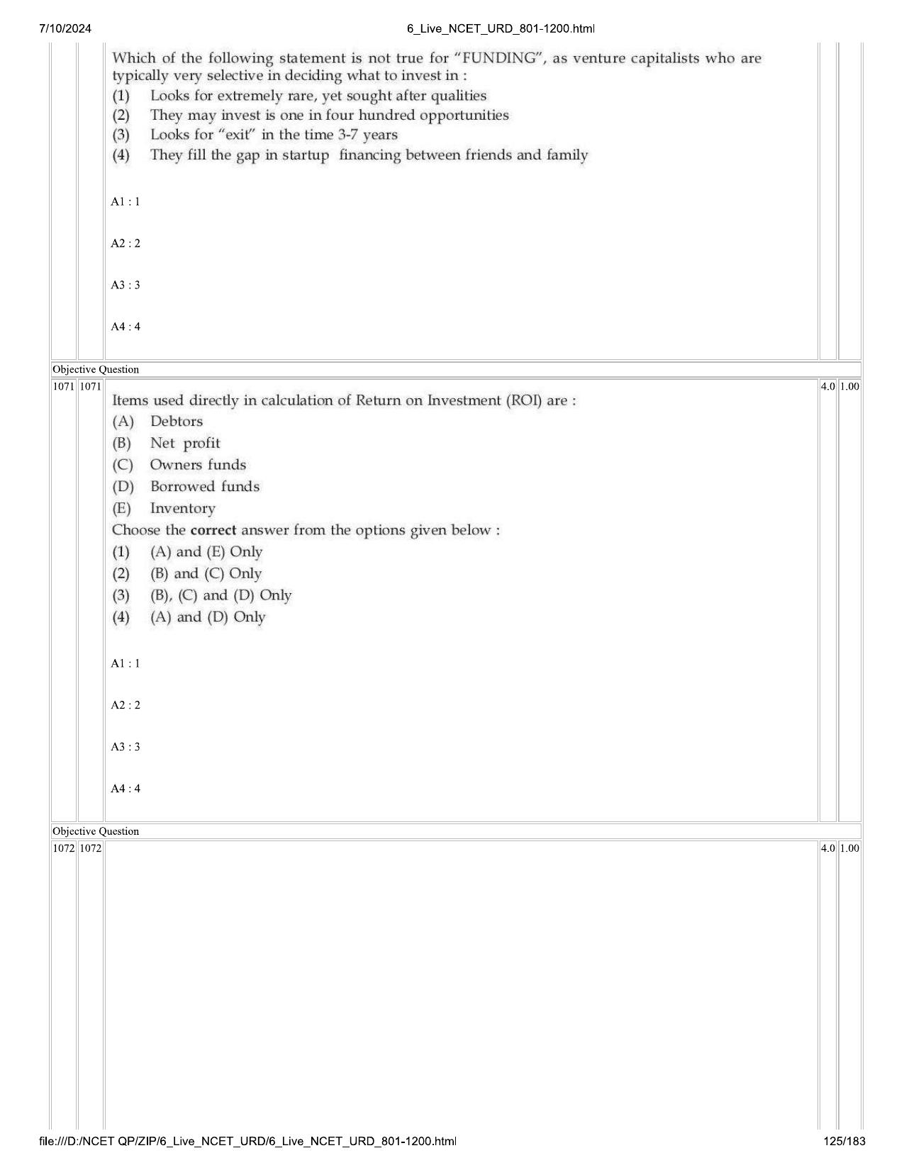 NCET 2024 Question Paper (Q 801-1200) - Page 125
