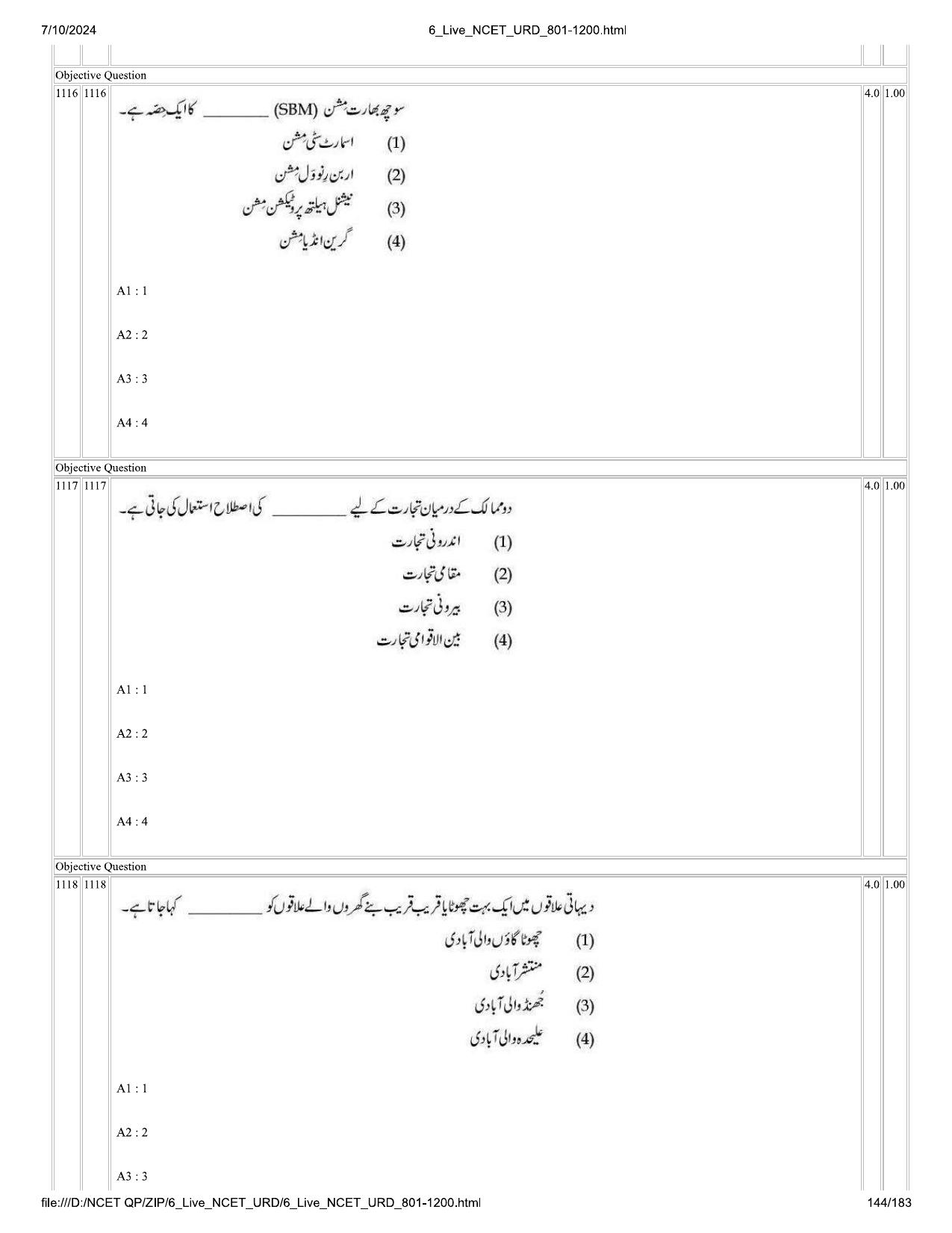 NCET 2024 Question Paper (Q 801-1200) - Page 144