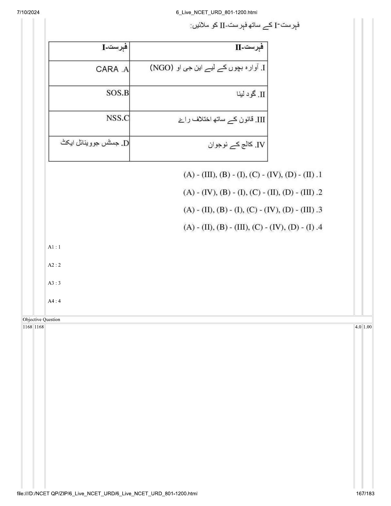 NCET 2024 Question Paper (Q 801-1200) - Page 167