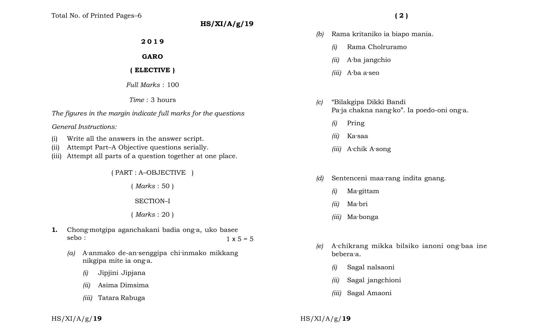 Meghalaya Board (MBOSE) Class 11 Garo_Elective 2019 Question Paper - Page 1