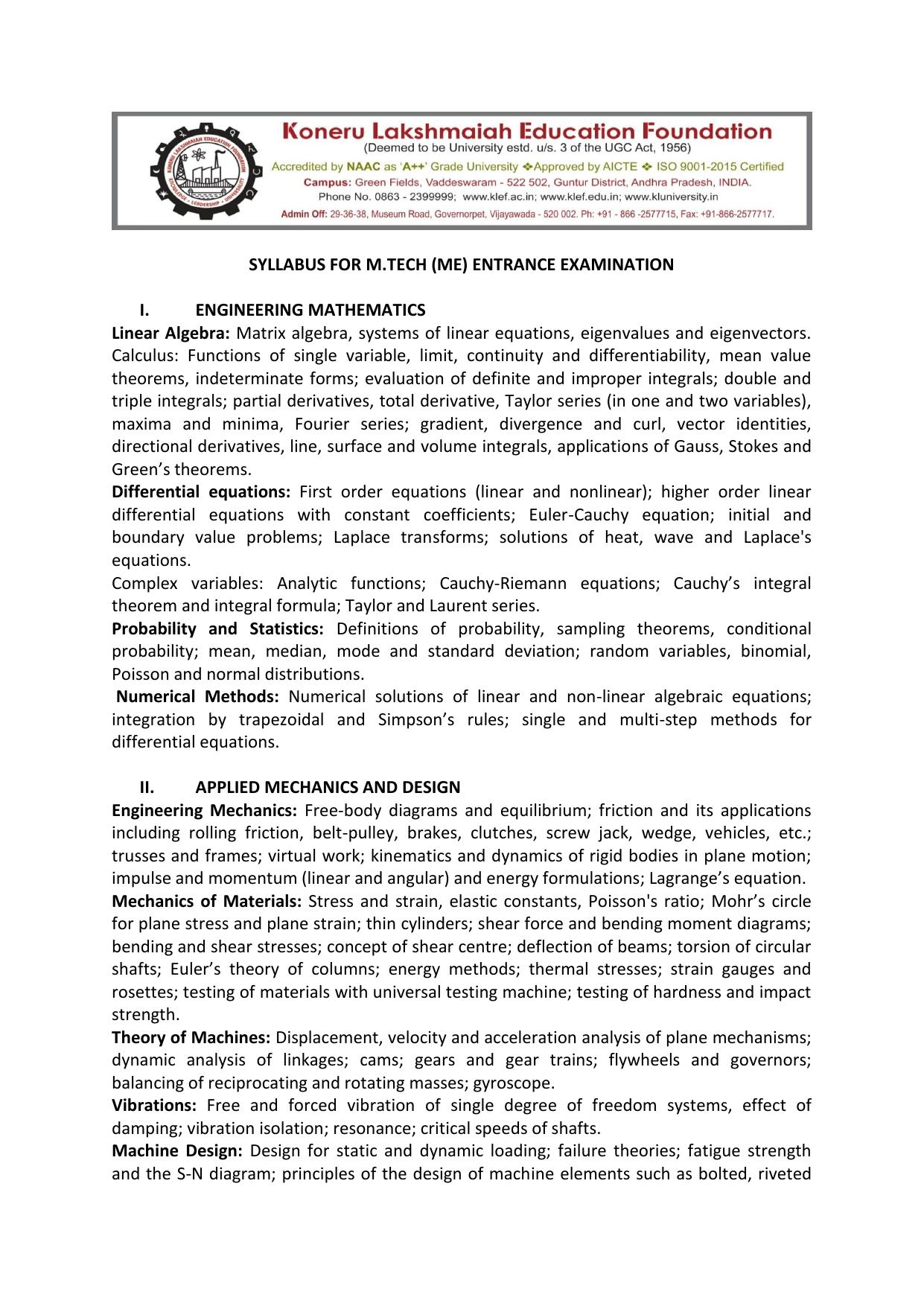 KLEEE M.TECH (ME) Syllabus - Page 1
