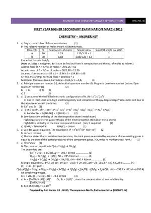 Kerala Plus One 2016 Chemistry Answer Key