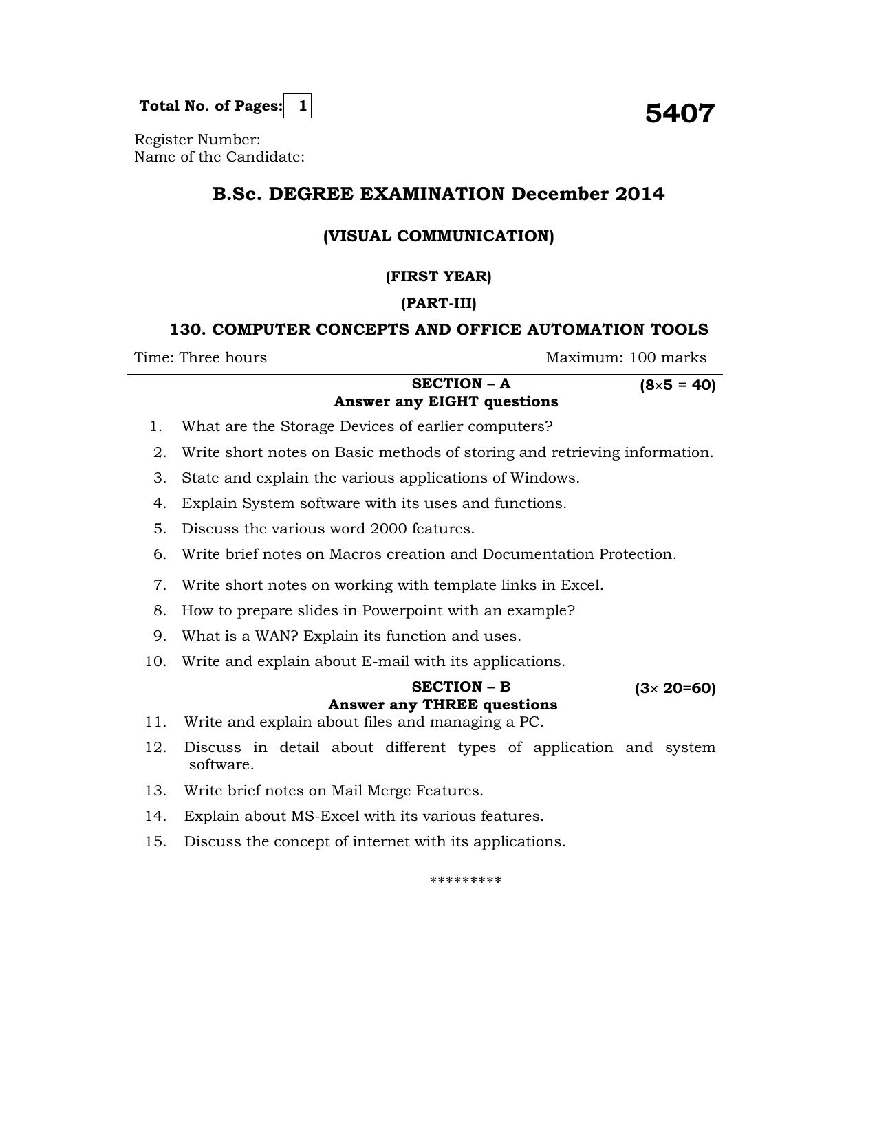 Annamalai University Computer Concepts And Office Automation Tools B.Sc Visual Communication December 2014 Question Papers - Page 1