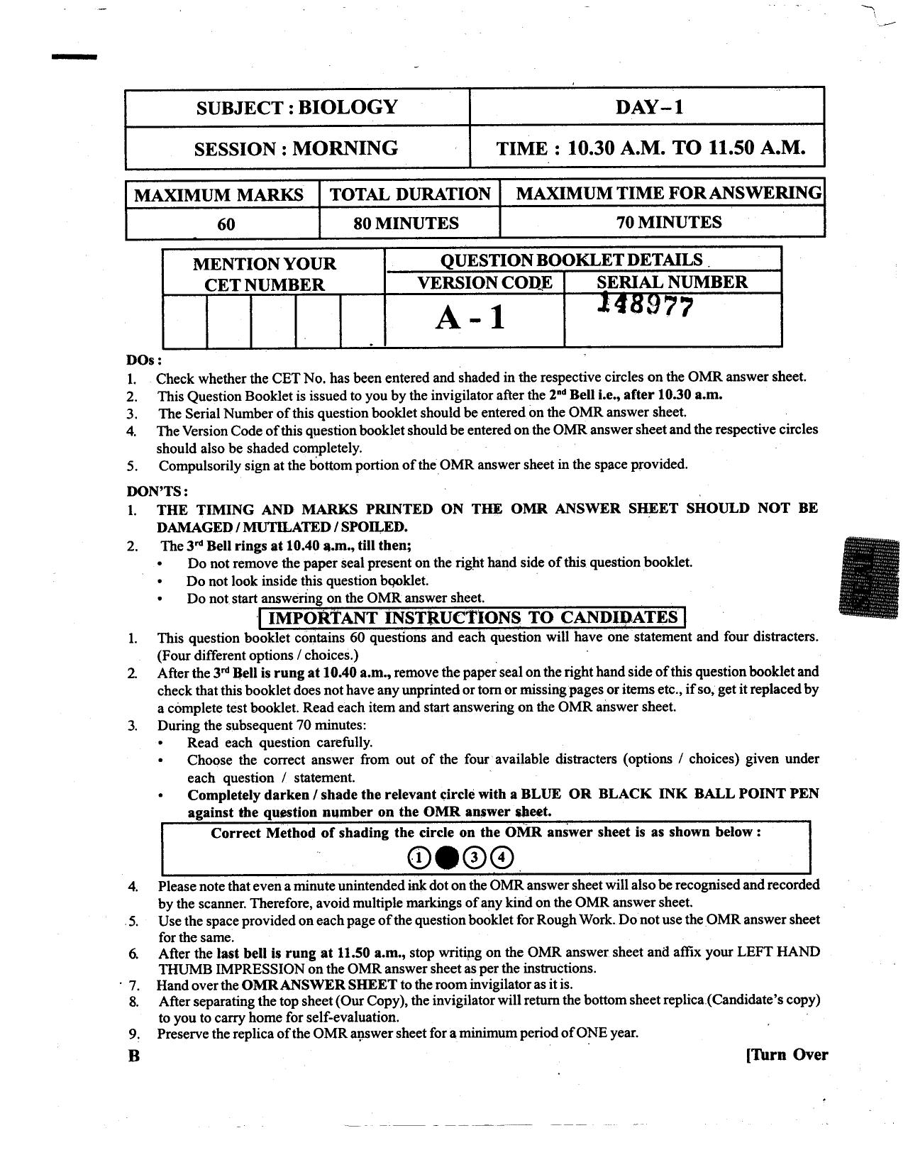 KCET Biology 2013 Question Papers - Page 1